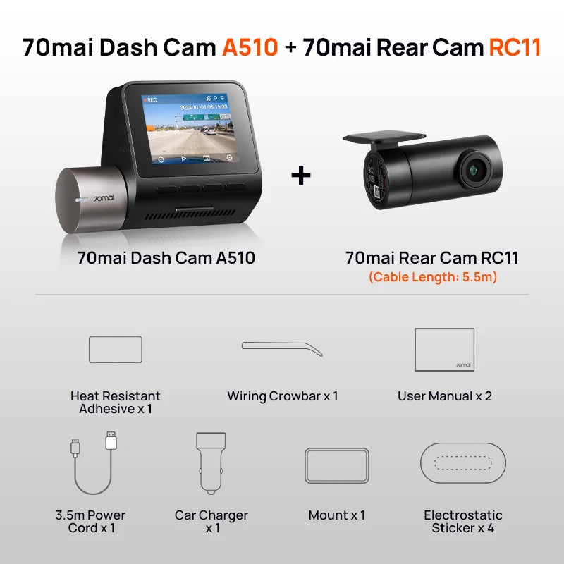 70mai Dash Cam A510 1944P HDR GPS ADAS 4G Connectivity 70mai 4G Front Cam A510 Car DVR 24H Parking Support Rear Cam