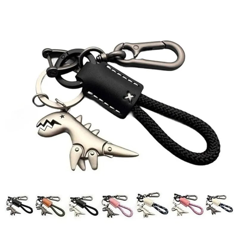 Premium Woven Leather Metal Dinosaur Keychain for Motorcycle Car Handbag Backpack Pendant Gift Accessories with Bracelet
