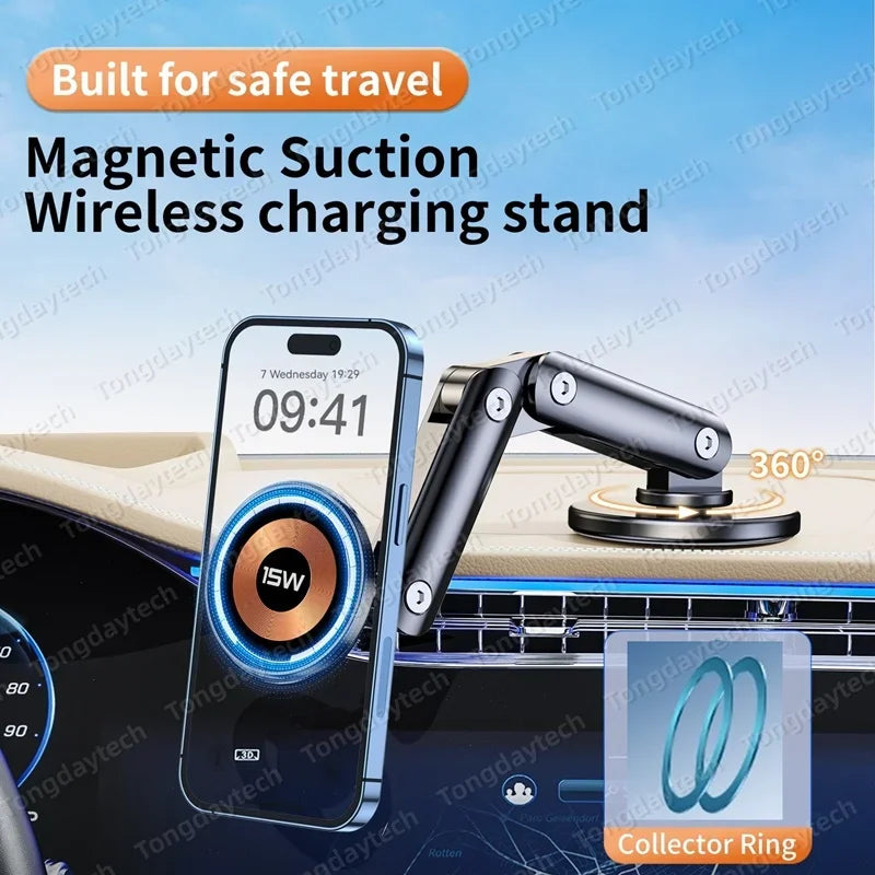 15W Car Magnetic Wireless Charger Holder 360 Rotation Metal Adjustable Angle in Car Stand For Iphone 15 14 13 12 Pro Max Samsung