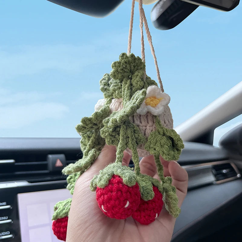 New Car Strawberry Hanging Crochet Basket Interior Decoration Car Ornament Rear View Mirror Hanging Accessories High Quality