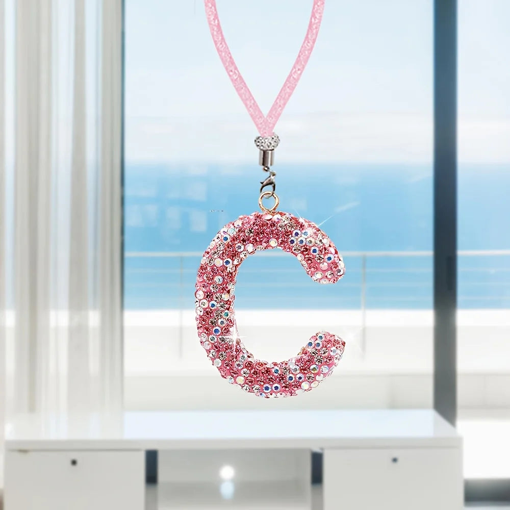 1PC Rhinestone Letter Car Rearview Mirror Pendant Crystal Car Decoration Bling Accessory Dangling Creative Shiny Charm