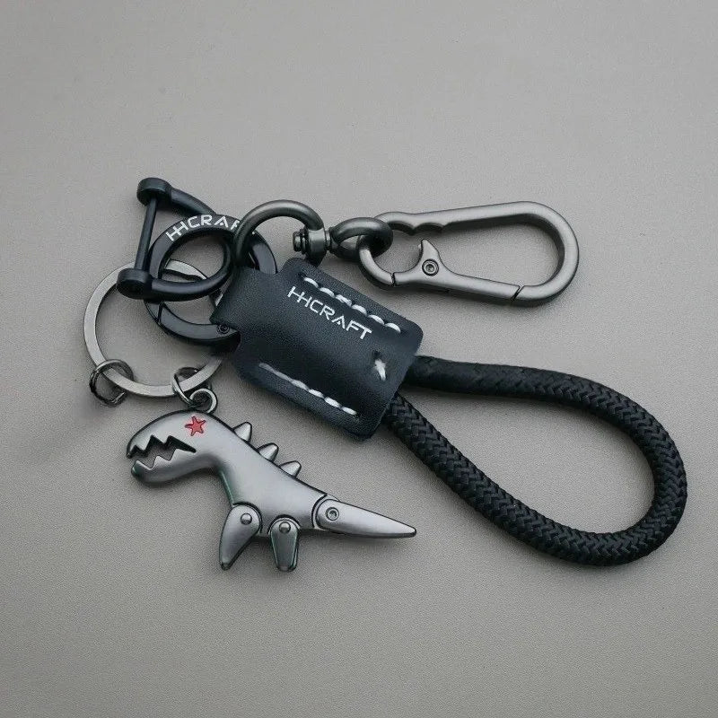 Dinosaur Keychain for Car Motorcycle, Woven Leather Metal Key Chain, Handbag Backpack Charm Gift Ideas
