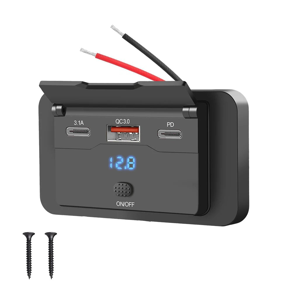 12/24V Car USB Adapter Socket Panel Wall Mount Dual PD3.0 & Dual QC3.0 Fast Charging Outlet Waterproof Car Charger Accessories