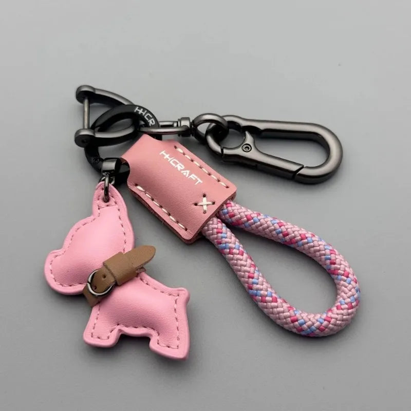 Dog Keychain Leather, Braided Rope Key Chain with Anti-Loss Strap for Women Men, Car Key Organize