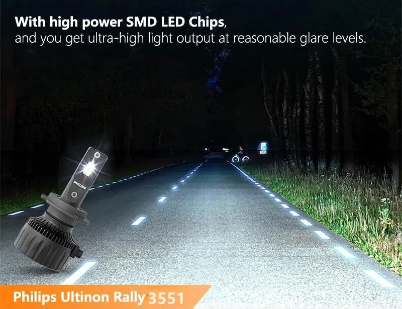 Philips Ultinon Rally 3551 LED H4 H7 H11 HB3/4 H18 H19 HIR2 Car Headlight 6500K White Max Power 100W Max Lumen 9000lm LED Bulb