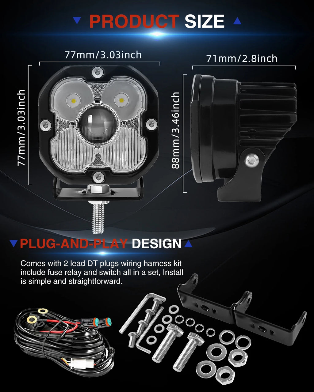BraveWAY Super Bright 3 inch LED Working Light for Off-Road Motorcycle Truck 4x4 Assisted Driving Lamps Spot +Flood Beam