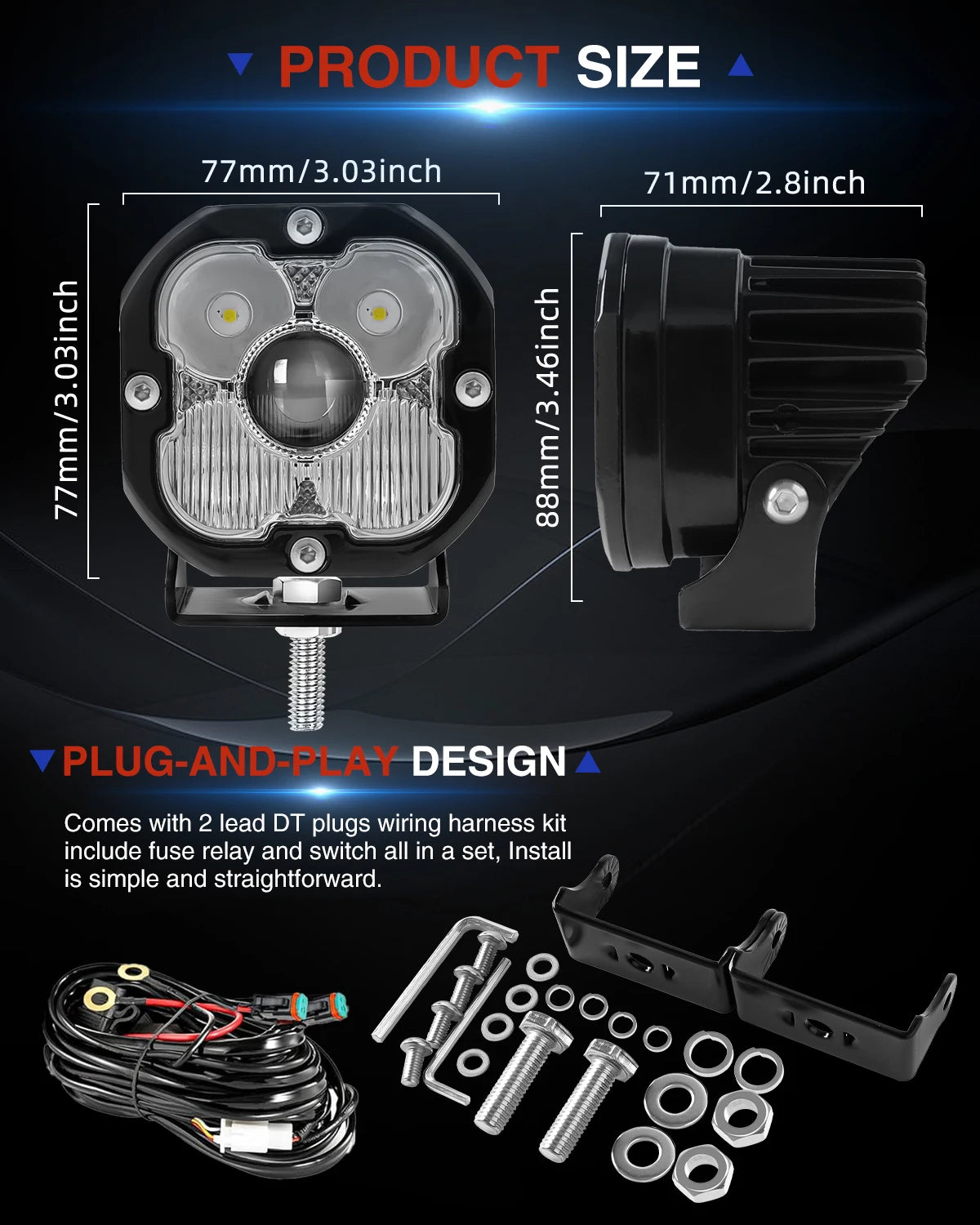 BraveWAY Super Bright 3 inch LED Working Light for Off-Road Motorcycle Truck 4x4 Assisted Driving Lamps Spot +Flood Beam