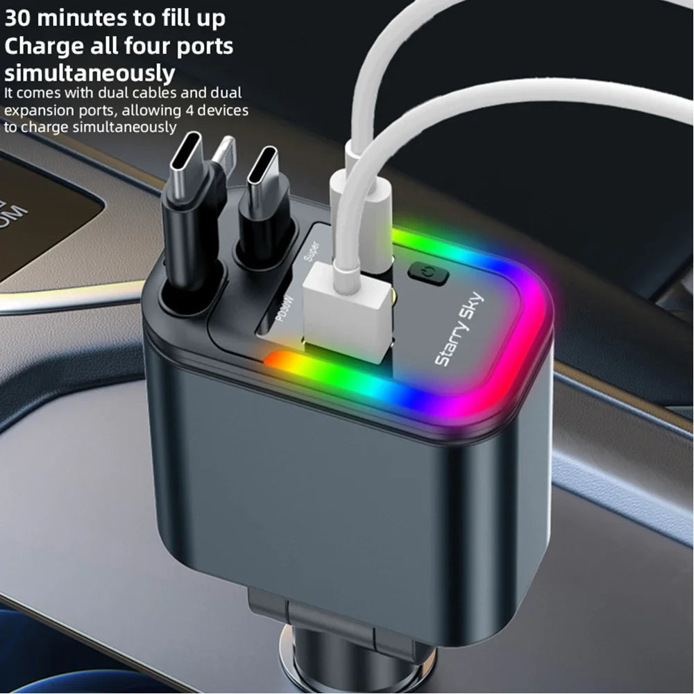 5-in-1 Car Charger PD30W+2.4A Voltage Display Super Fast Charging Retractable Cable With Roof Starlight for iPhone & Android