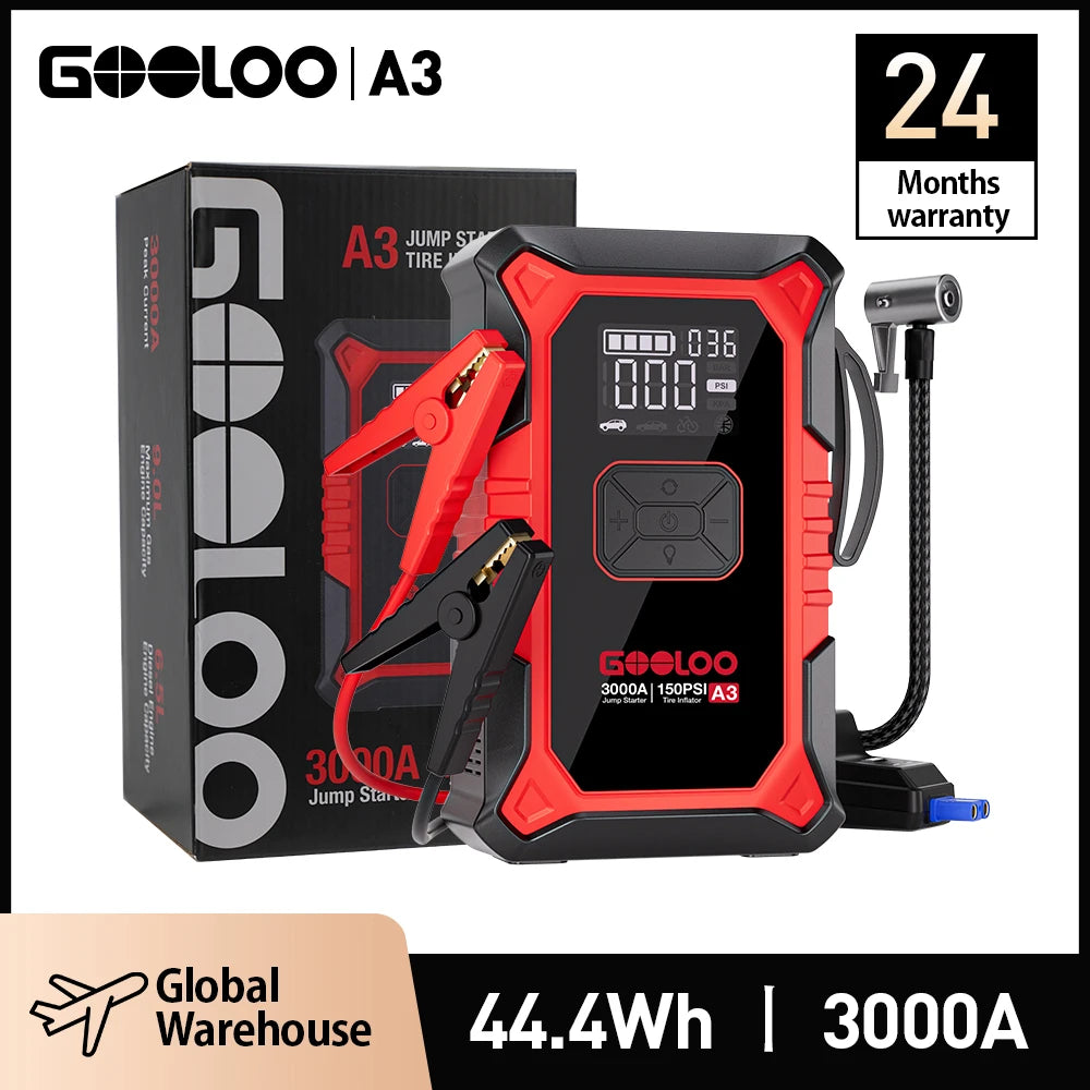 GOOLOO A3 Jump Starter with Air Compressor, 3000A Portable Car Battery Booster (9.0 Gas/6.5L Diesel) with 150PSI Auto-Shutoff Ti