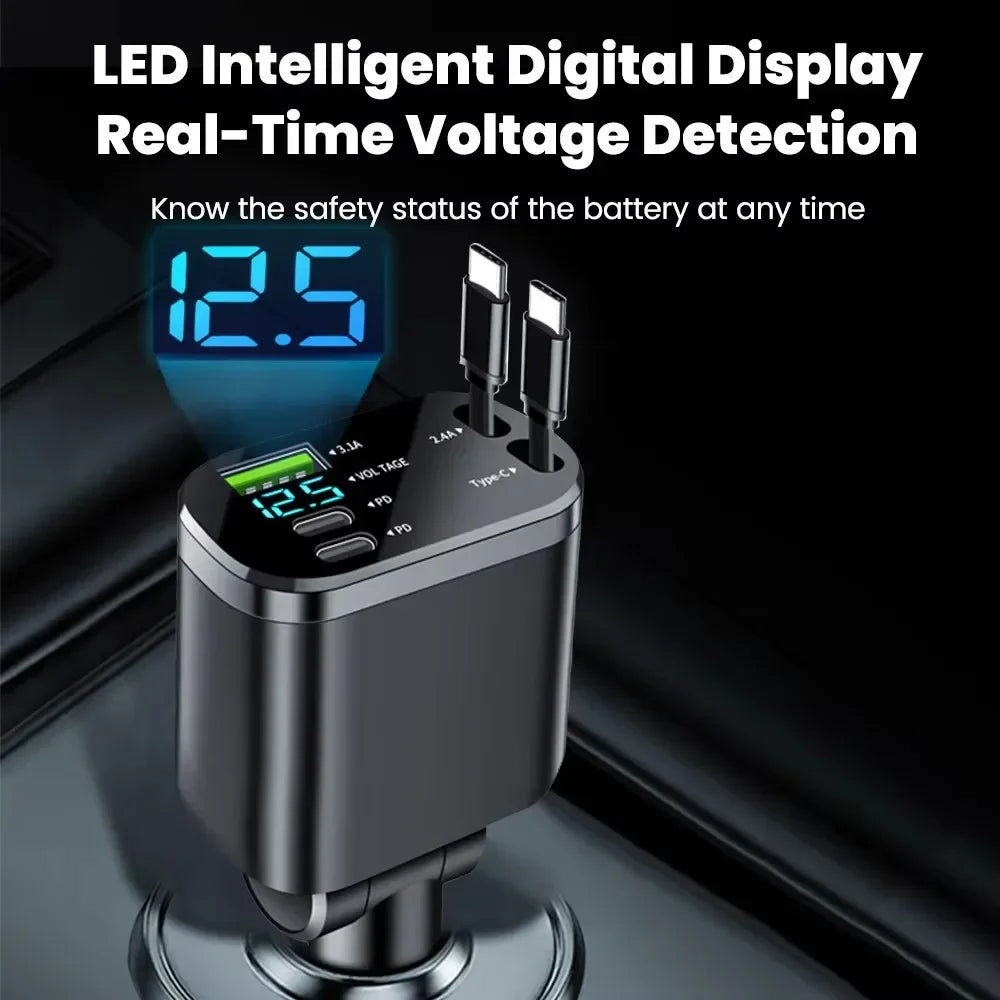 5-IN-1 Retractable Car Charger USB C Cable For IPhone Huawei Samsung Fast Charge Cigarette Lighter Adapter PD QC3.0 12V-24V