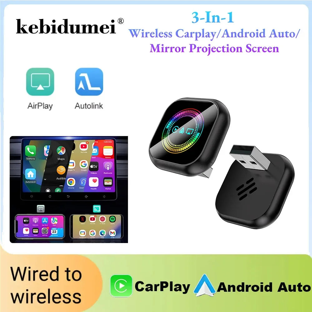 2025 3 In 1 Wired to Wireless Carplay Adapter for Airplay Android Auto MirrorLink Bluetooth+ Wifi USB Dongle Car Ai Box for Audi