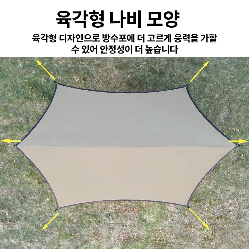 Lightweight 3x4M Hexagonal Camping Tarp Waterproof Awning Sun Shelter Outdoor Canopy for Hiking Beach Picnic Travel