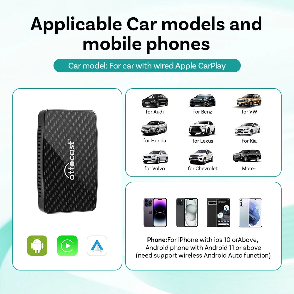 OTTOCAST Play2 Video Pro Carplay Ai Box Wireless Android Auto Adapter Built in Youtube Netflix For VW Benz Ford 99% of Cars
