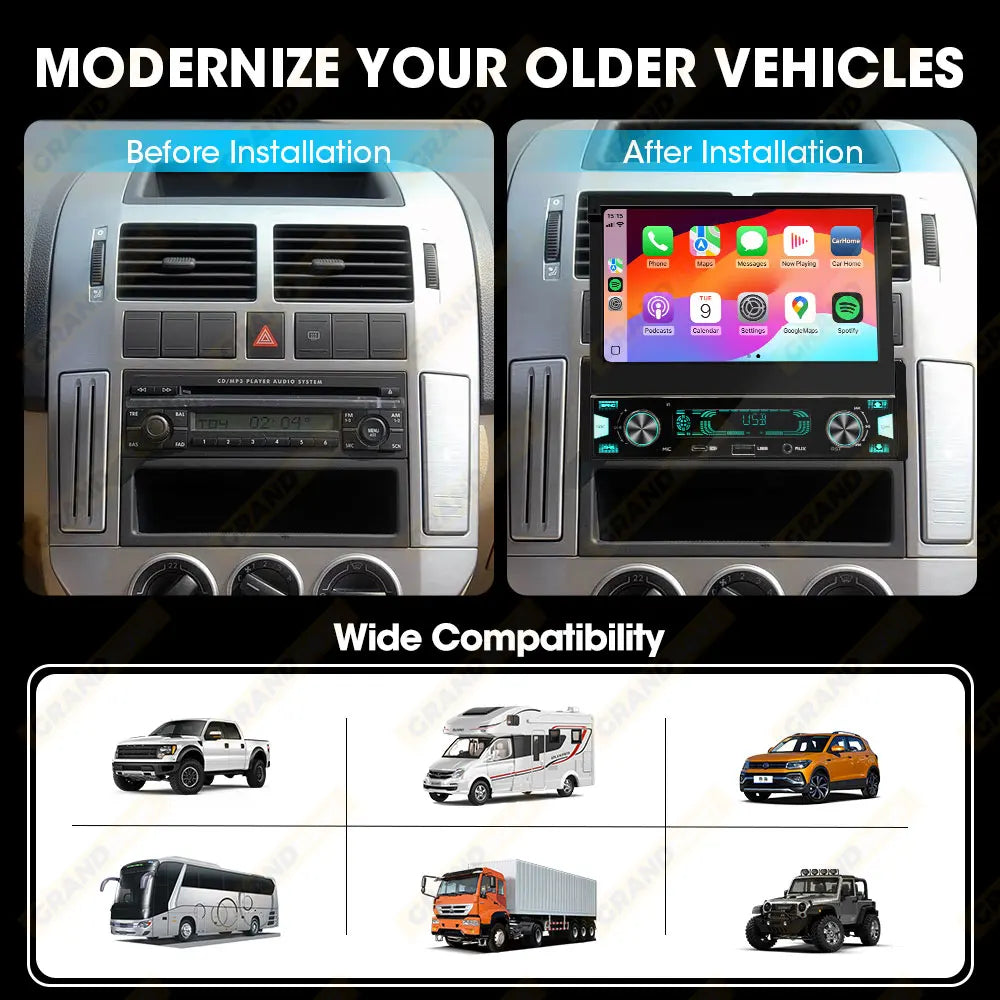 1Din 7'' MP5 Radio Player Automatic Retractable Screen Wireless Carplay Android Auto Multimedia FM AM RDS USB Type-C Car Stereo