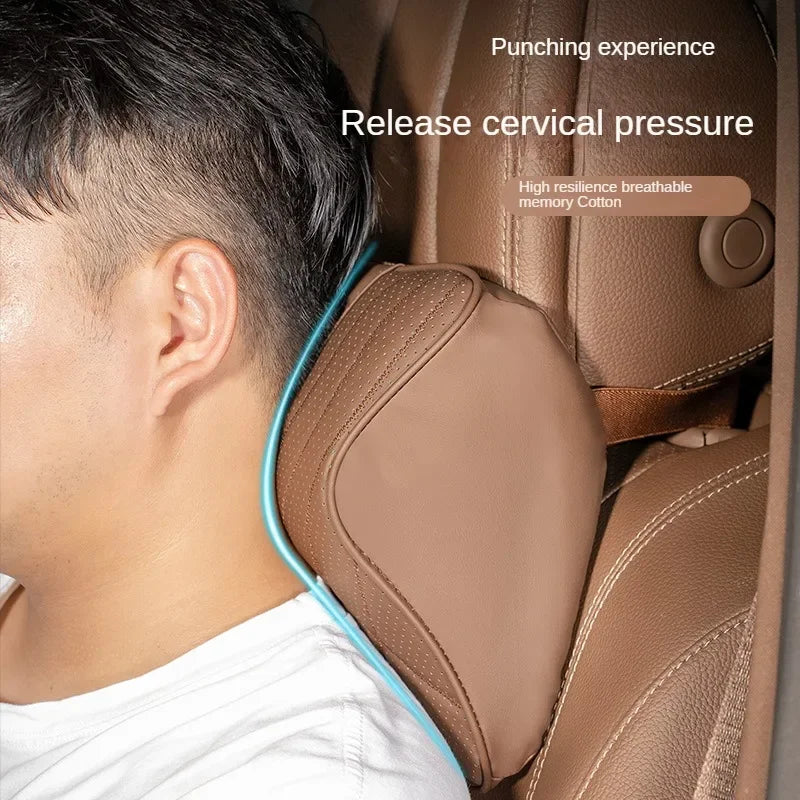Car Neck Pillow Memory Foam Leather Auto Headrest And Back Cushion Set Seat Lumbar Waist Support Sewing Head Protective Cover