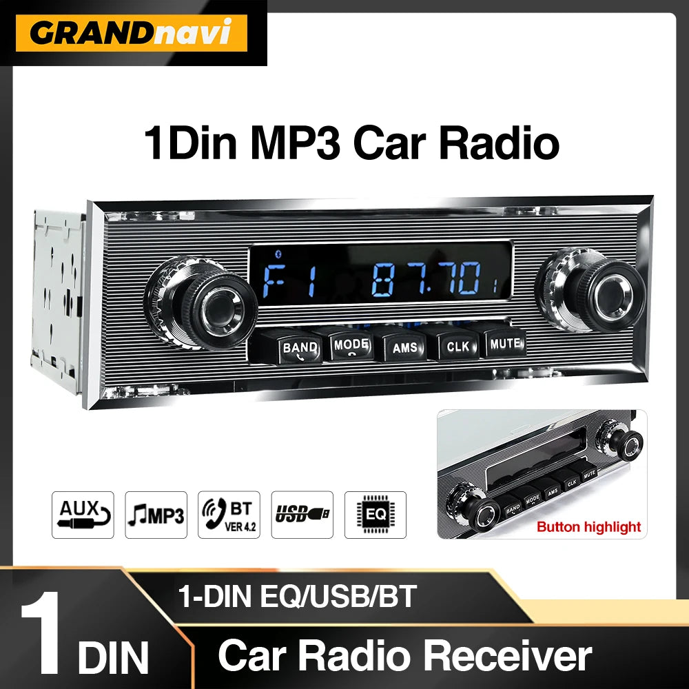 Grandnavi 1 Din Car Radio MP3 Player Classic Car Retro Audio Stereo Support FM AUX EQ USB Input In-dash Bluetooth For Benz