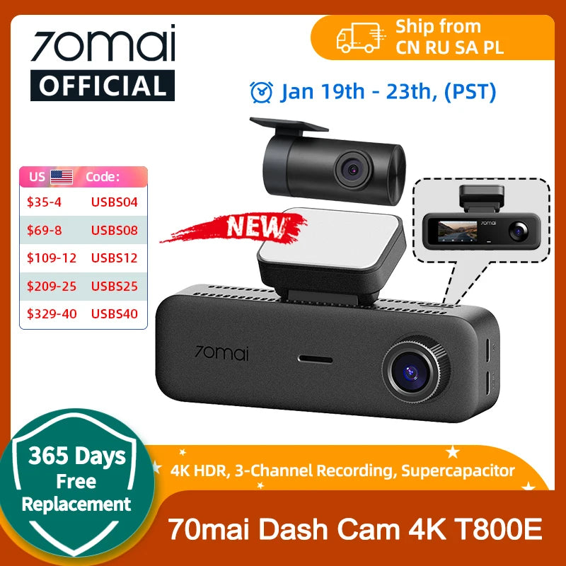 70mai t800e 3-Channel Front 4k + rear 1080p + interior 1080p HDR supercapacity GPS WiFi 6 70mai t800e dash cam voice control