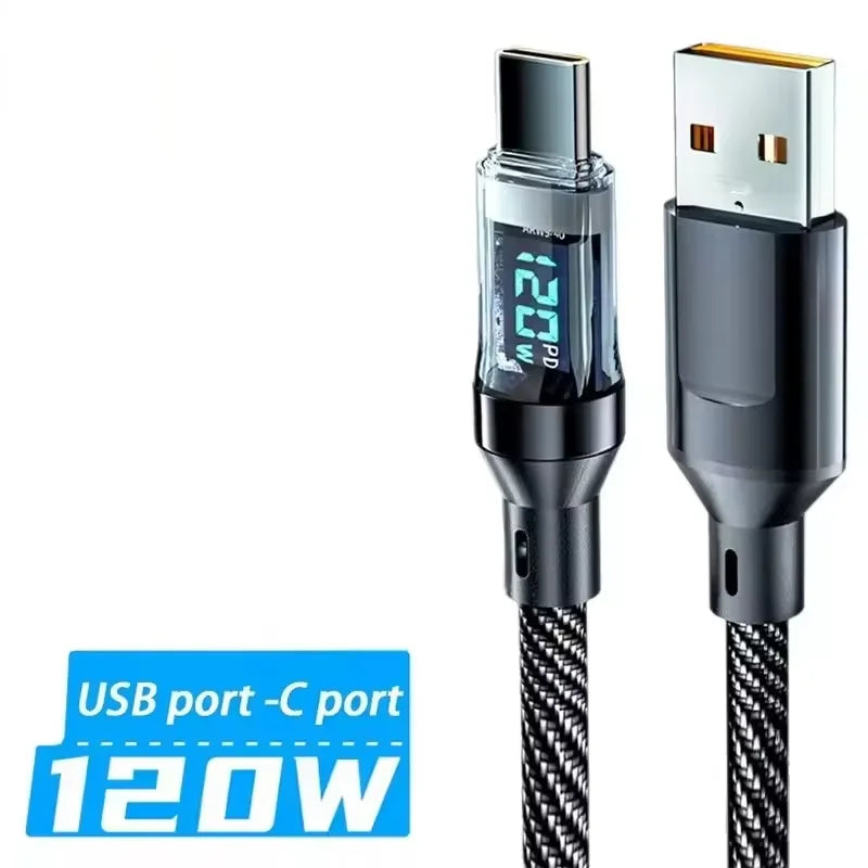 120W Ultra Fast Charge Type C USB Cable LED Digital Display Quick Charging Data Cord For iPhone Samsung Redmi Huawei 2026 New