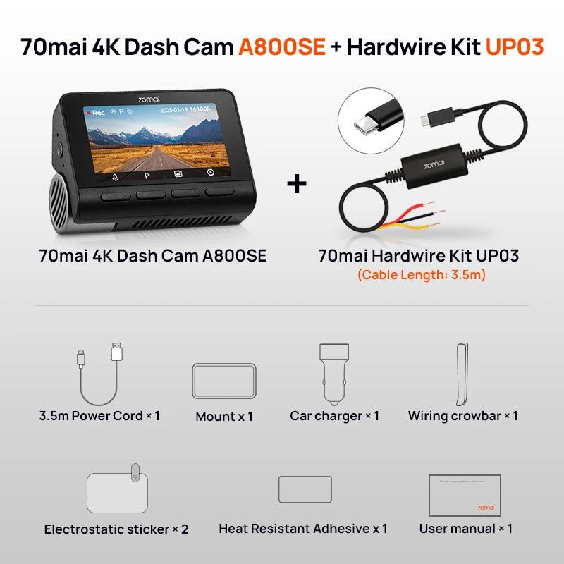 70mai 4K Dash Cam A800SE Upgraded Version of 70mai A800S Voice Control Supercapatior GPS ADAS Car DVR 70mai A800SE UHD Wifi 6