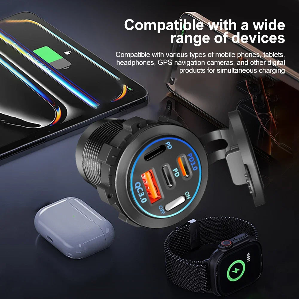 PD 3.0 QC 3.0 Car Charger Cigarette Lighter Socket Waterproof USB Fast Charge With Voltmeter Switch 12/24V Quick Charger Adapter