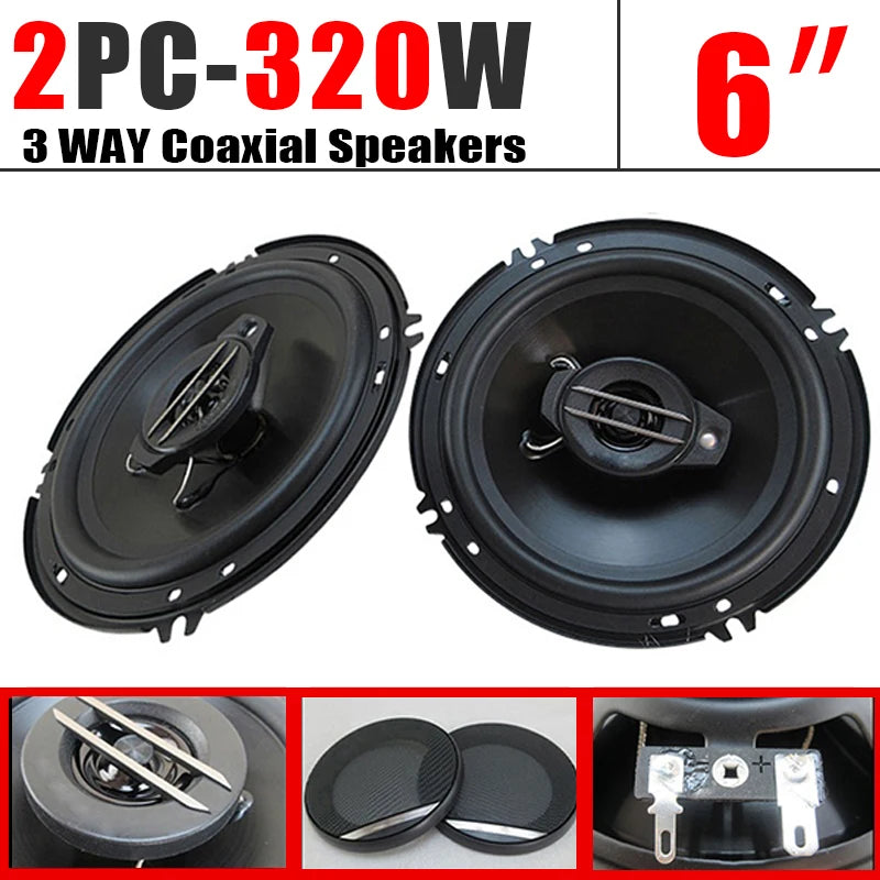 2pcs 6 Inch 320W 3 Way Universal Car Coaxial Car Music Stereo Full Range Hi-Fi for Car Truck Door Speakers Surround Sound System