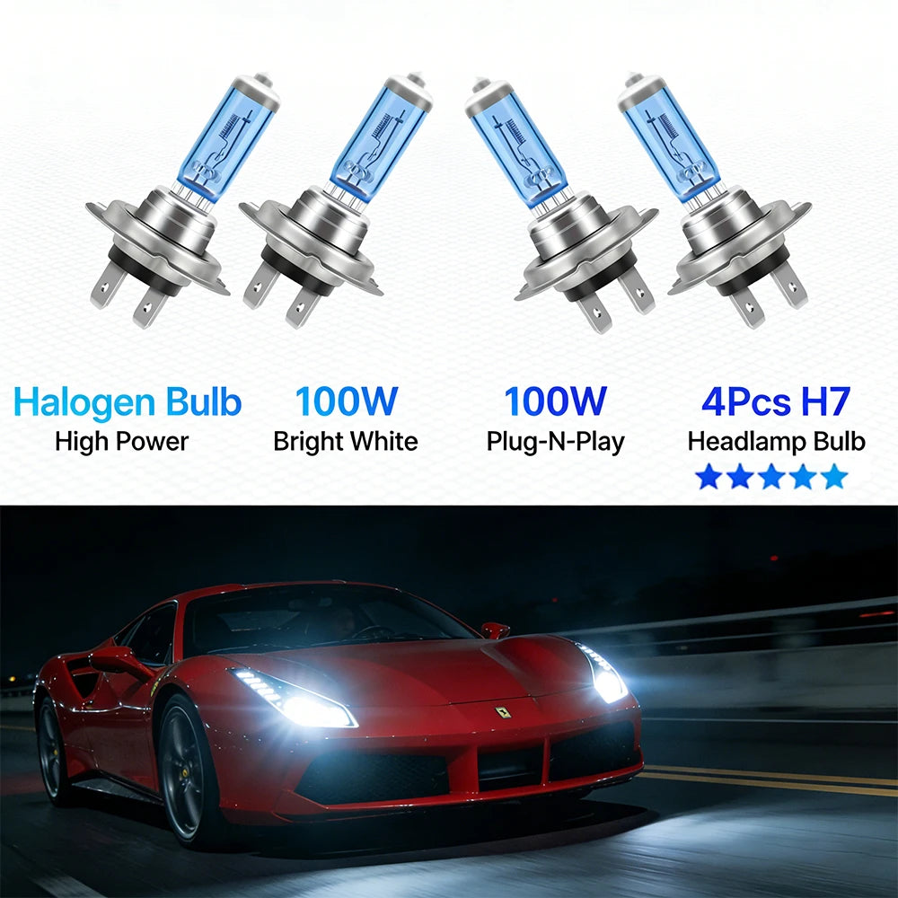 4Pcs Car H7 100W Halogen Headlight 6000K Super White Daytime Running Lamp High Power Light Bulb 12V Fog Lights
