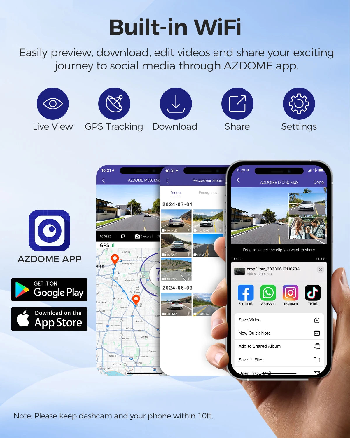 AZDOME 4K Dash Cam M550 Max Built-in GPS Wifi Camera Car DVR 3.18”Screen Night Vision 24H Parking Monitor Support Rear Cam