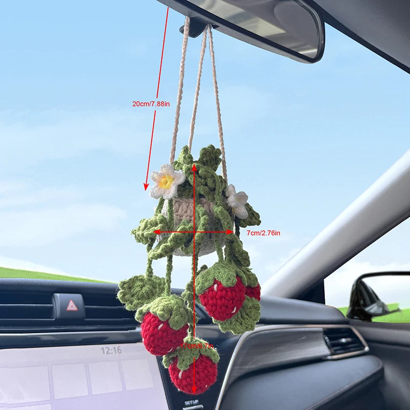New Car Strawberry Hanging Crochet Basket Interior Decoration Car Ornament Rear View Mirror Hanging Accessories High Quality