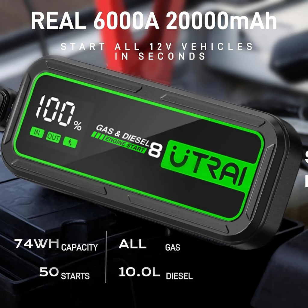 UTRAI  20000mAh Car Jump Starter Power Bank 6000A Car Booster Auto Emergency Starting Device Jump Start for Petrol Diesel