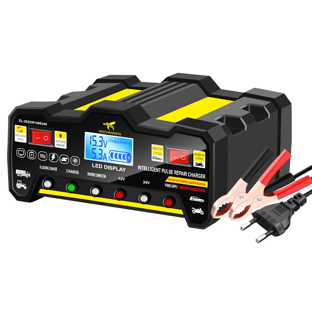 300AH 220W Full Automatic Car Battery Charger For Wet Dry Lead Acid LCD Display Intelligent Pulse Repair Battery Charger EU Plug