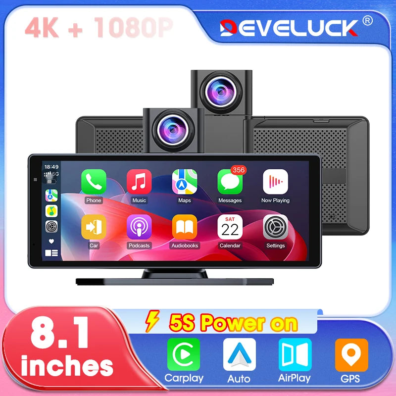 8.1 Inch Carplay & Android Auto 4K 2160P Wifi Dash Cam Rearview Camera Mirror Car DVR GPS Navigation Dual Lens Video Recorder