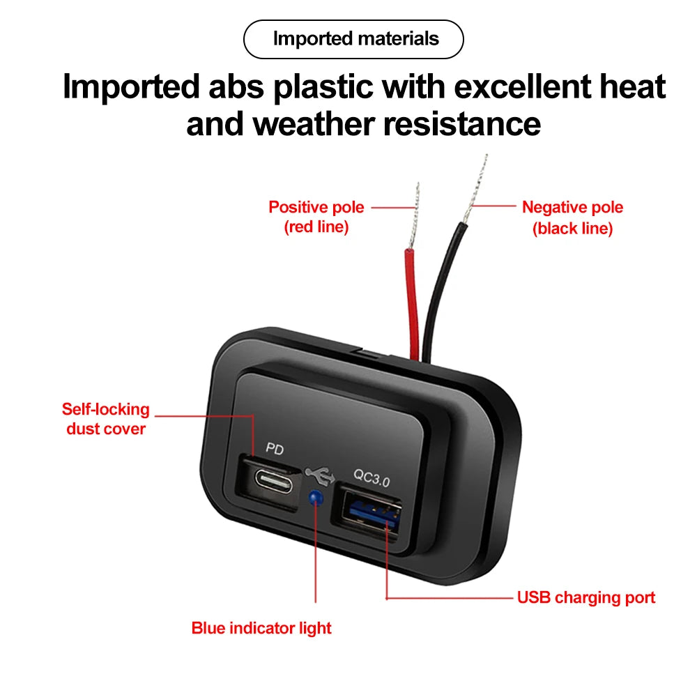 QC3.0 PD Car Charger Socket Quick Charge Dual USB Charger Outlet Panel Power Adapter for Truck Camper Caravan Accessories 12/24V