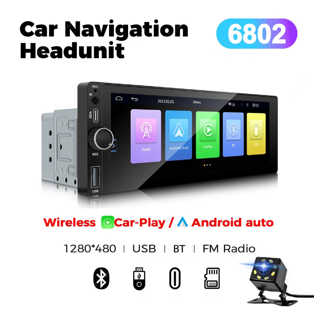 Universal 1 Din Android 6.86 Inch HD Touch Screen Wireless CarPlay Auto Car Radio Multimedia Video Player GPS FM