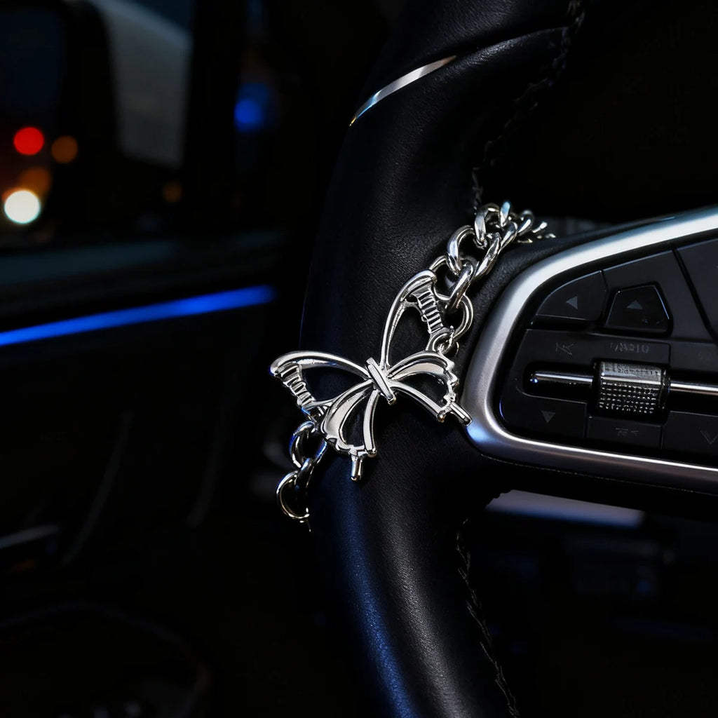 Silver Butterfly Steering Wheel Chain, Car Interior Decor, Cute Car Accessory, Vehicle Charm, Unique Automotive Decoration