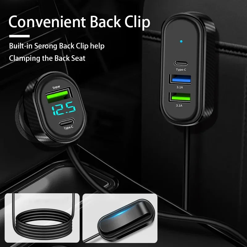 150 Long Cable Car Charger 5-Port USB Charger 12V/24V Car Phone Charger Adpater with Digital Voltage Display for iPhone/Andorid