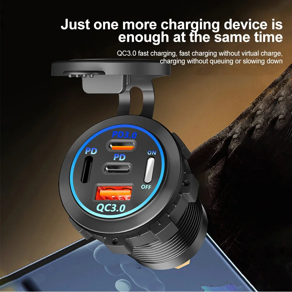 PD 3.0 QC 3.0 Car Charger Cigarette Lighter Socket Waterproof USB Fast Charge With Voltmeter Switch 12/24V Quick Charger Adapter