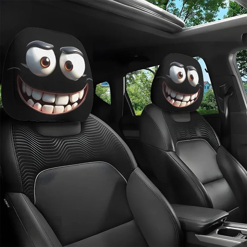 2PCS Funny Slanted Eyes Cartoon Print Car Headrest Cover for Halloween Christmas Holiday Automobile Interior Decoration