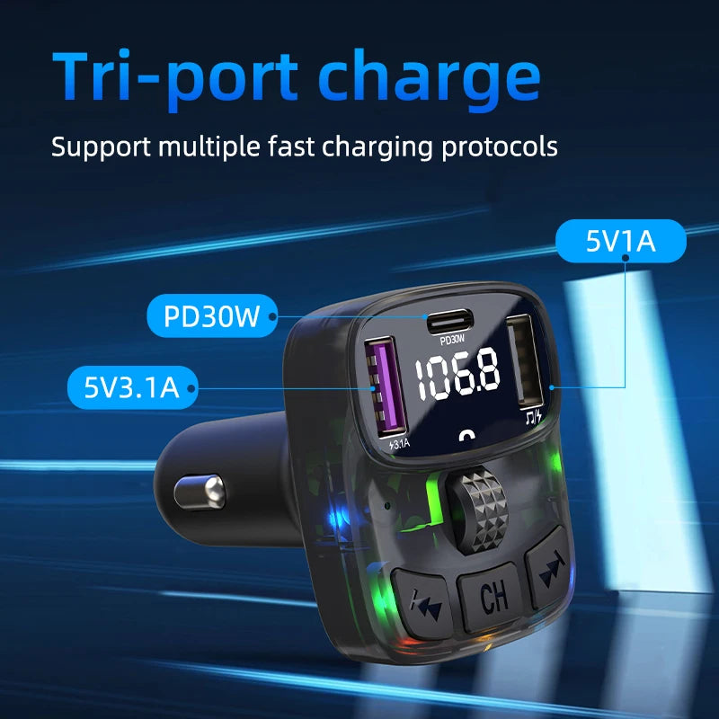 Bluetooth 5.3 MP3 Player autoradio FM Transmitter 30W PD Type C Dual USB Fast Charge Handsfree Car Audio Car Accessories