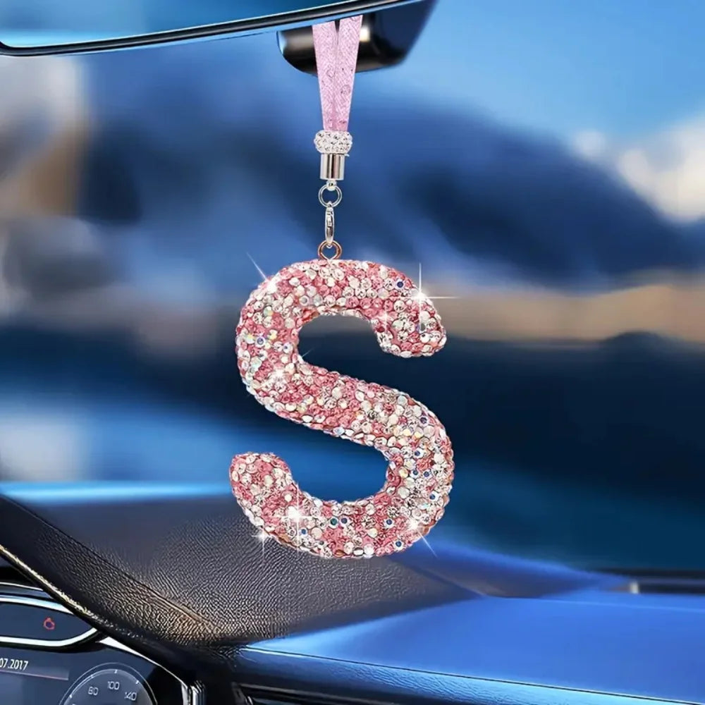 Creative Rhinestone P-Z Letter Car Rearview Mirror Pendant Crystal Car Decoration Bling Accessory Dangling Creative Shiny Charm
