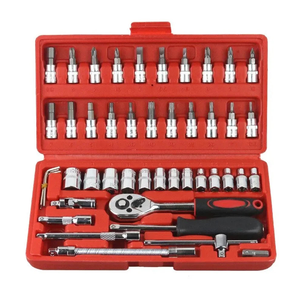 46pcsCar Repair Tool Kit 1/4-Inch Socket Set Car Repair Tool Ratchet Torque Wrench Combo Auto Repairing Set Mechanic Tool