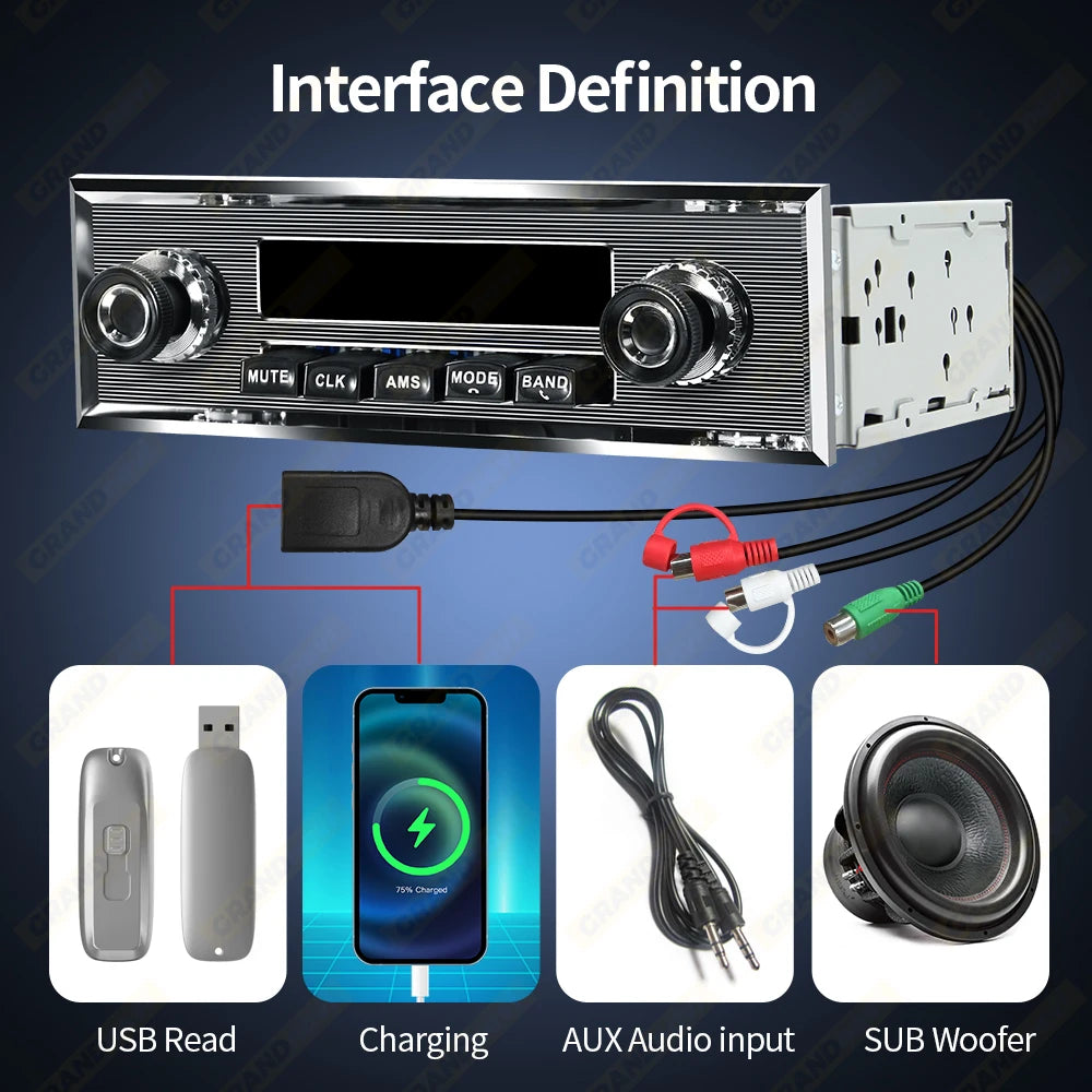 Grandnavi 1 Din Car Radio MP3 Player Classic Car Retro Audio Stereo Support FM AUX EQ USB Input In-dash Bluetooth For Benz