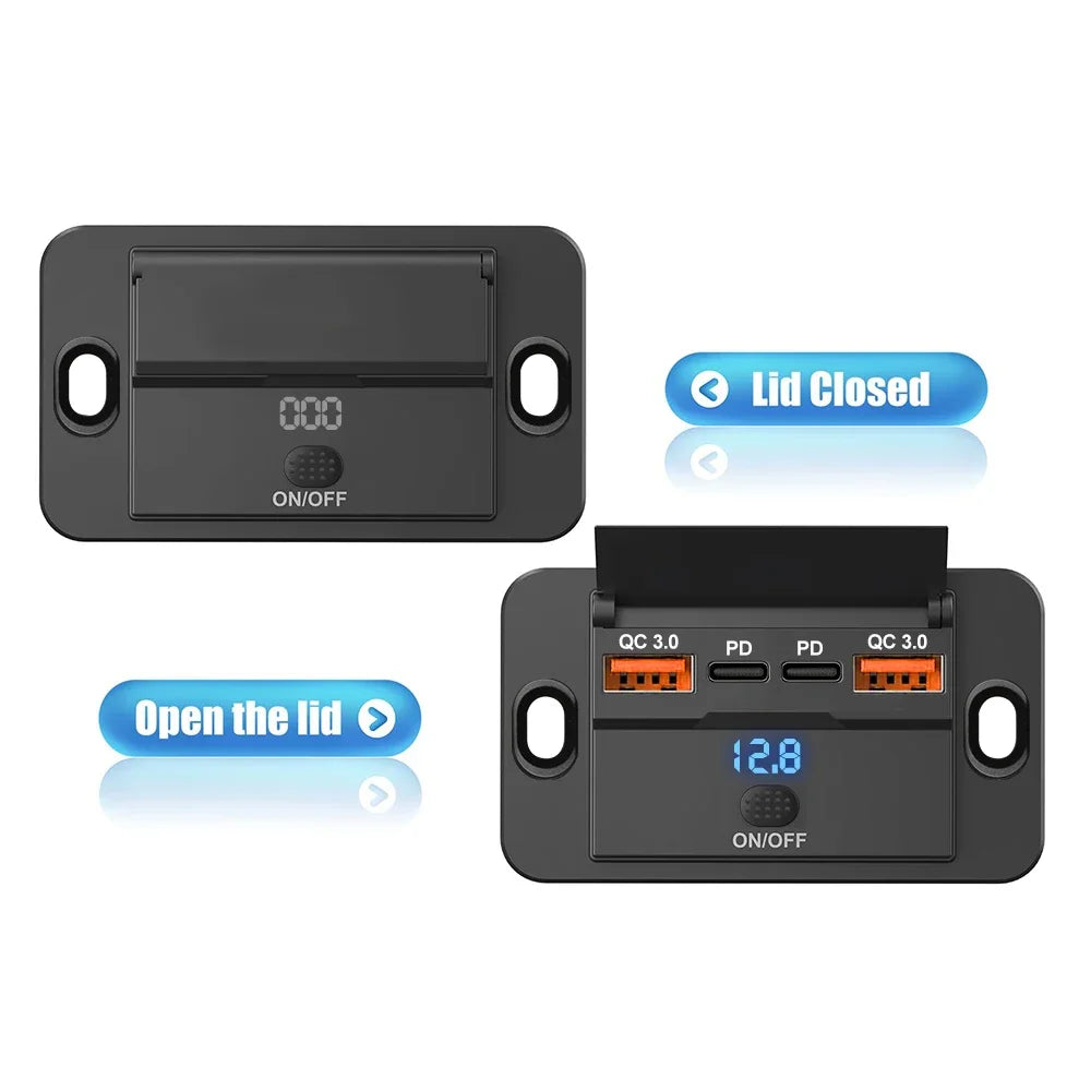 12/24V Car USB Adapter Socket Panel Wall Mount Dual PD3.0 & Dual QC3.0 Fast Charging Outlet Waterproof Car Charger Accessories