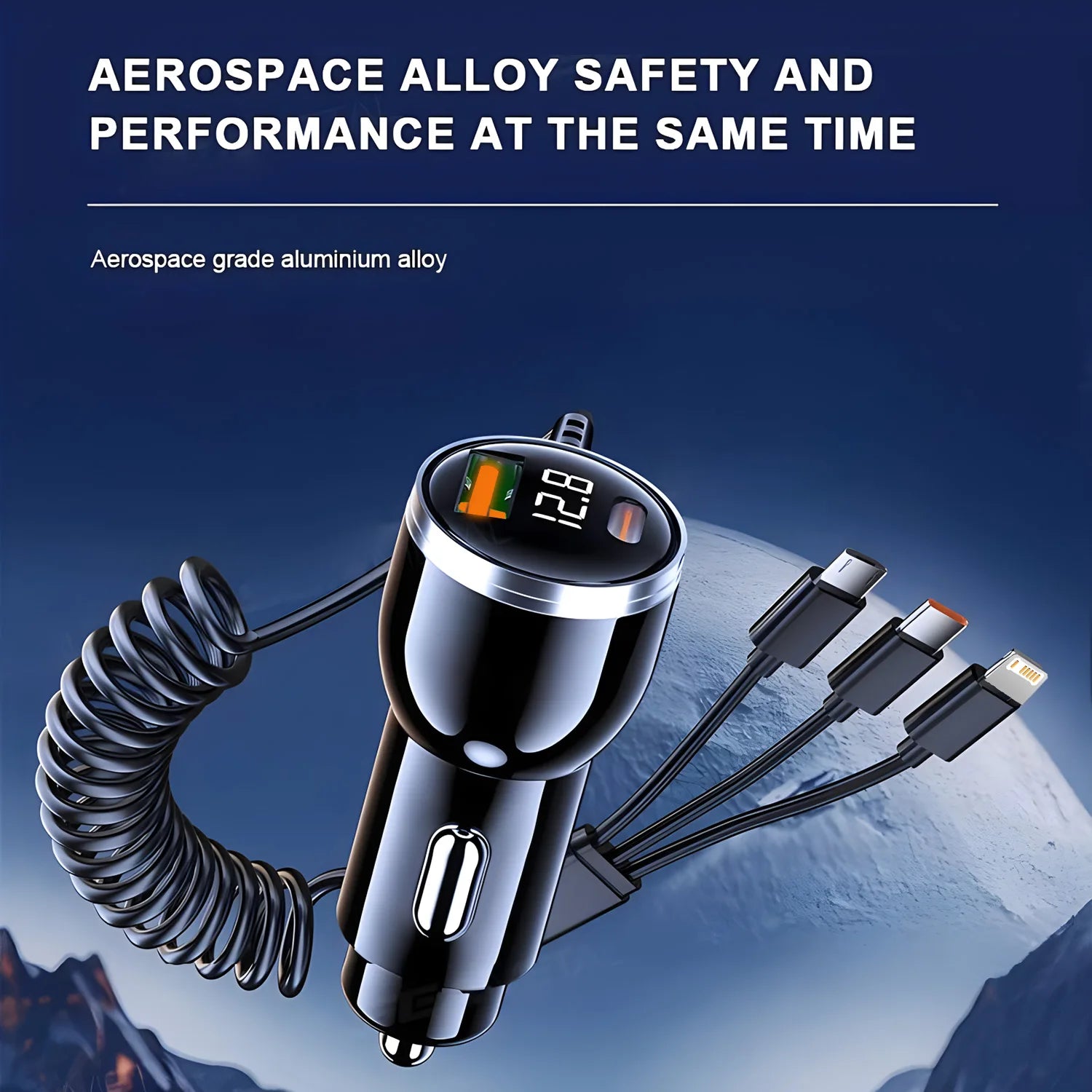 USB Car Phone Charger Adapter with Retractable Cable LED Voltage Monitor 4 in 1 Super Fast Charge for iPhone Samsung Huawei