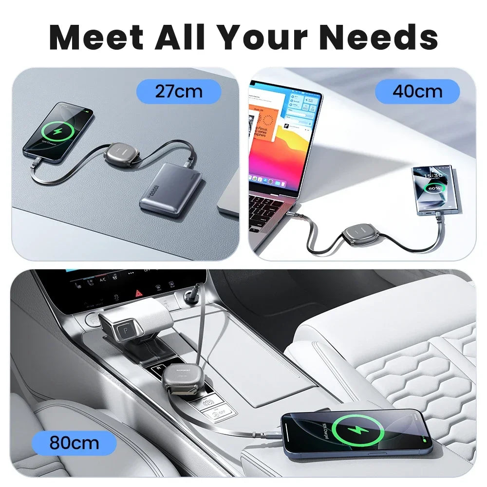 Toocki 100W Type C Retractable Cable For iphone 16 15 Pro Max Samsung Fast Chaerger Cable Mini Size 480Mdps Data Cable