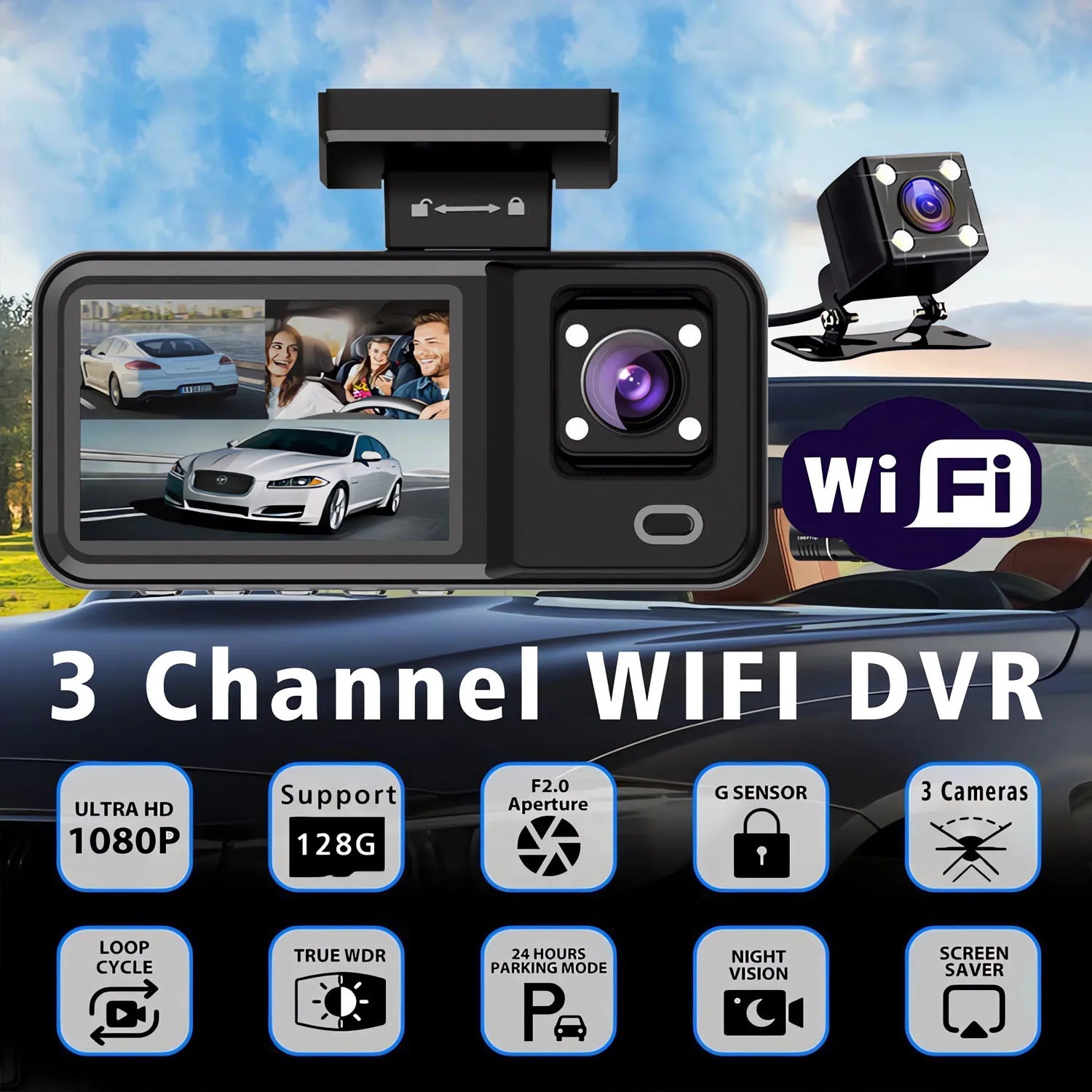 Wifi 3 Channel Camera Mini Car Dvr Dash Cam HD1080P Dash Camera Dual Len Dashcam Video Recorder Black Box 24H Parking Monitoring