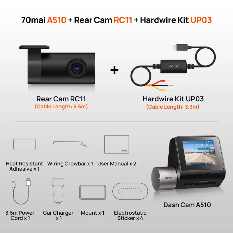 70mai Dash Cam A510 1944P HDR GPS ADAS 4G Connectivity 70mai 4G Front Cam A510 Car DVR 24H Parking Support Rear Cam