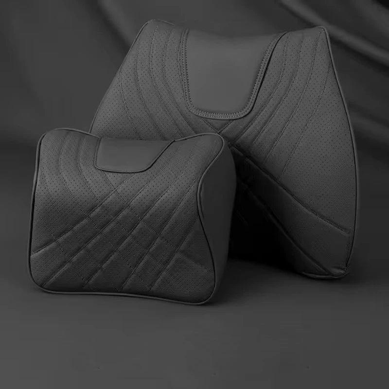 Car Neck Pillow Memory Foam Leather Auto Headrest And Back Cushion Set Seat Lumbar Waist Support Sewing Head Protective Cover
