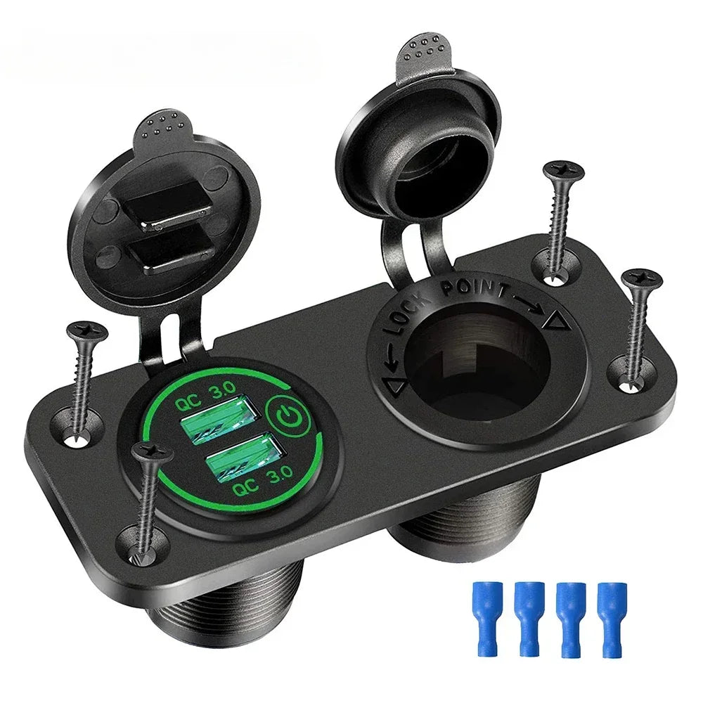 12V/24V Dual USB Socket Panel QC3.0 Car Charger Socket Adapter Outlet Cigarette Lighter Adapter for Car Boat RV Motorcycle