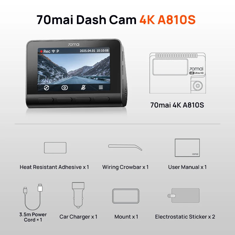 New 70mai Dash Cam A810S 4K HDR GPS ADAS Auto Record Dual-Channel Motion Detection 4G LTE Support Car DVR 70mai A810S 70mai A810