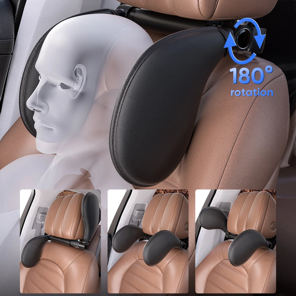 Ergonomic 360° Adjustable Auto Cervical Pillow with Memory Foam & Side Pads One-Click Sleep Headrest for Car Travel BMW Benz